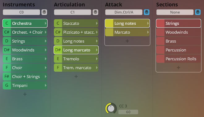 Synchron Smart Orchestra user interface showing instrument, articulation, attack, and section selection options like Strings, Woodwinds, and Brass.