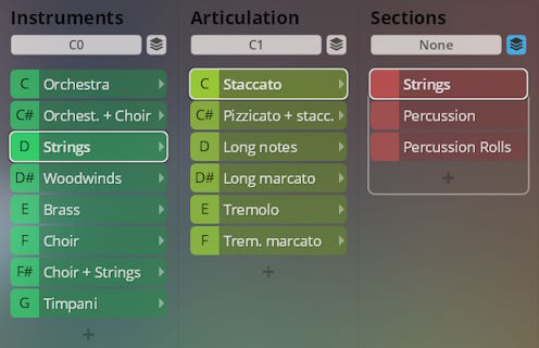 Synchron Smart Orchestra user interface showing selectable instrument groups like strings, woodwinds, brass, and choir, alongside articulation options such as staccato and tremolo, and sections like strings and percussion.