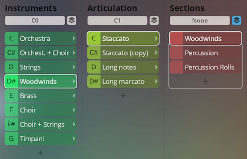 Synchron Smart Orchestra interface with selected Woodwinds instrument, Staccato articulation, and Woodwinds section highlighted.