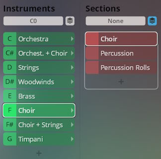 Synchron Smart Orchestra user interface showing instrument and section selection for music production.