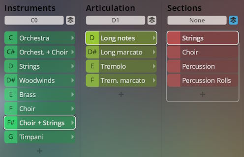 Virtual instrument user interface showing selectable options for orchestra, choir, strings, woodwinds, brass, timpani, long notes, marcato, tremolo, percussion, and sections within Synchron Smart Orchestra.