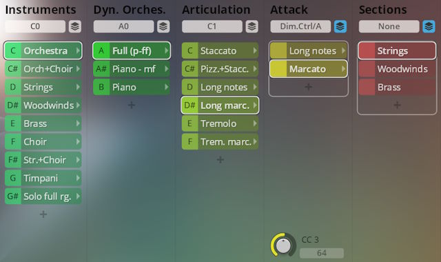 Synchron Smart Orchestra user interface showing instrument, articulation, attack, and section controls for virtual orchestral sounds.