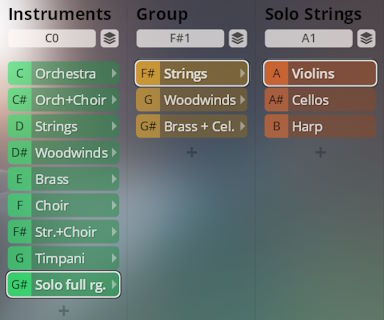 Screenshot of the Synchron Smart Orchestra user interface showing instrument selection options for orchestra, strings, woodwinds, brass, choir, timpani, and solo instruments with violins, cellos, and harp subgroups.