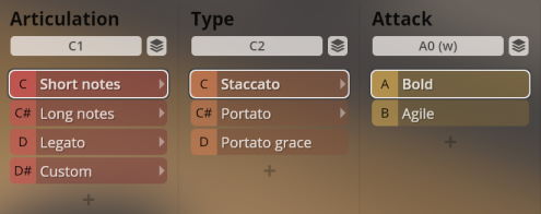 Screenshot of Synchron World Winds software interface showing articulation, type, and attack parameters for musical instrument sounds, with options like short notes, staccato, bold, legato, and custom.