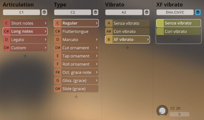 Digital user interface for Synchron World Winds, displaying articulation, type, and vibrato controls including Long notes, Regular, and XF vibrato options.