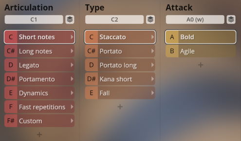 User interface for Synchron World Winds software showing articulation, type, and attack sound options including short notes, legato, staccato, portato, bold, and agile.