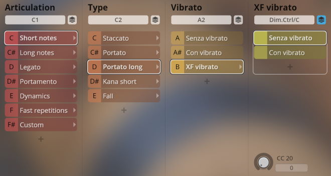 User interface for Synchron World Winds software, displaying articulation, type, and vibrato musical parameters with options like short notes, portato long, and senza vibrato.