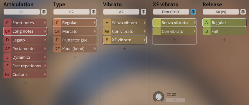 Screenshot displaying the user interface of Synchron World Winds, featuring articulation, type, vibrato, XF vibrato, and release parameters for instrument sound customization, with Long Notes, Regular, Senza Vibrato, and Regular options highlighted.