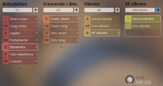 Software interface for Synchron World Winds, displaying articulation, crescendo/diminuendo, vibrato, and XF vibrato controls for instrument sound modification.