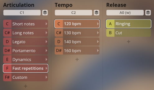 User interface showing sound articulation, tempo, and release options for Synchron World Winds instruments.
