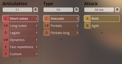 User interface for Synchron World Winds software showing musical articulation, type, and attack controls like short notes, staccato, and bold settings.
