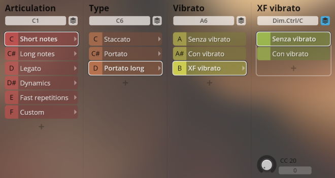 User interface showing musical articulation, type, and vibrato controls including short notes, legato, portato long, and XF vibrato settings for Synchron World Winds instrument.