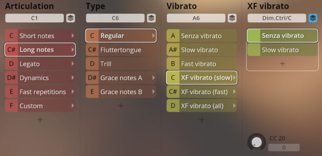 User interface showing sound articulation options for Synchron World Winds, including long notes, regular, senza vibrato, and XF vibrato (slow) settings.