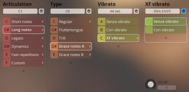 A software interface showing articulation, type, vibrato, and XF vibrato settings for musical instruments, with Long notes and Grace notes A highlighted.