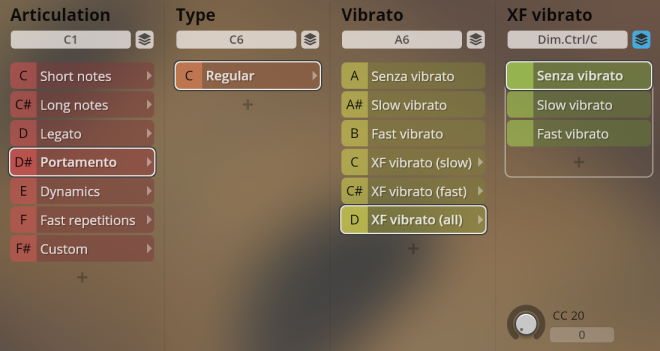 User interface displaying sound articulation, type, and vibrato options for Synchron World Winds, including Portamento and XF vibrato settings.