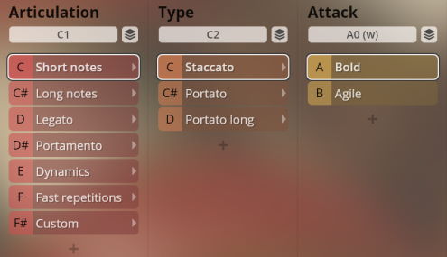 User interface showing Synchron World Winds articulation, type, and attack parameters like Short notes, Staccato, and Bold, for music production software.