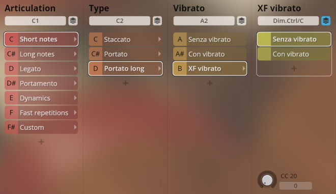 Screenshot of the Synchron World Winds interface showing articulation, type, vibrato, and XF vibrato controls with various musical options like Short notes, Legato, Portato long, and Senza vibrato.