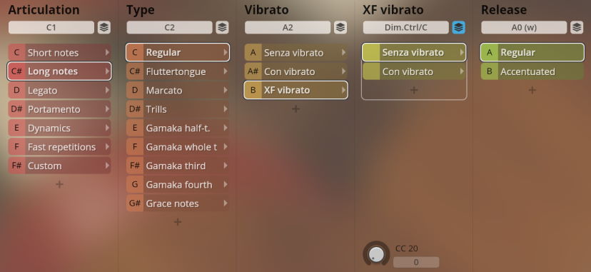 Software interface for Synchron World Winds showing options for articulation, type, vibrato, XF vibrato, and release, with Long notes, XF vibrato, and Senza vibrato highlighted.