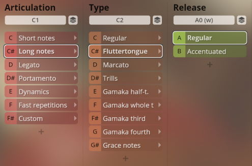 User interface showing sound articulation, type, and release options for Synchron World Winds virtual instruments, including long notes, fluttertongue, and regular release.