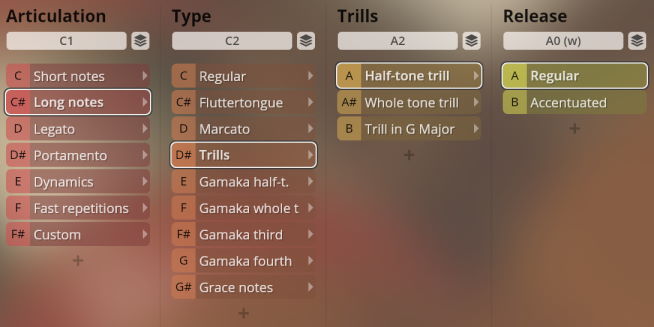 User interface showing sound articulation, type, trills, and release options for Synchron World Winds virtual musical instruments.
