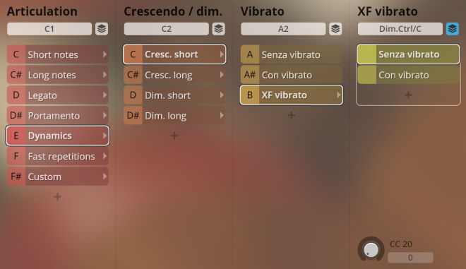 User interface with options for instrument articulation, crescendo/diminuendo, and vibrato settings.