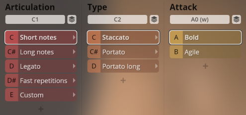 Software interface showing articulation, type, and attack selections for Synchron World Winds instruments including options like short notes, staccato, portato, bold, and agile.
