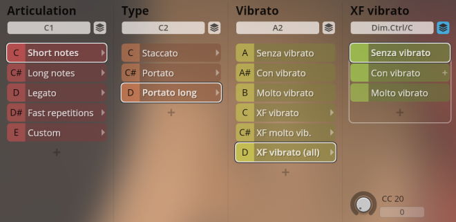 User interface displaying musical articulation, type, and vibrato controls with selected options for Short notes, Portato long, and Senza vibrato for custom instrument sound design in Synchron World Winds.