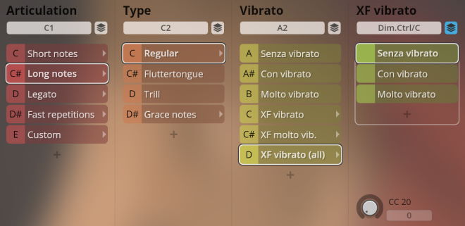Synchron World Winds interface with articulation, type, vibrato, and XF vibrato settings, showing Long notes and Senza vibrato highlighted.