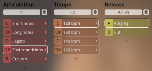 User interface showing sound articulation, tempo (120 bpm, 130 bpm, 140 bpm, 160 bpm), and release settings (Ringing, Cut) for Synchron World Winds virtual instruments.