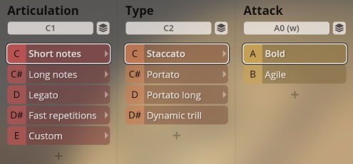 Graphical user interface displaying 'Articulation,' 'Type,' and 'Attack' options for musical instrument sounds, with 'Short notes,' 'Staccato,' and 'Bold' selected.