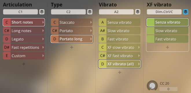 User interface displaying musical articulation, type, vibrato, and XF vibrato settings for Synchron World Winds instruments.