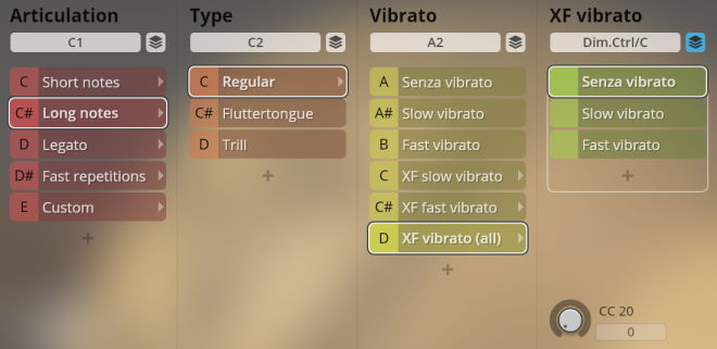 Software interface displaying articulation, type, vibrato, and crossfade vibrato parameters for Synchron World Winds instruments, with Long notes and Senza vibrato selected.