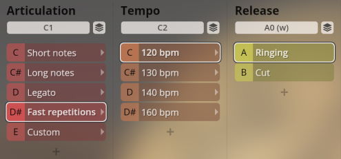 User interface for Synchron World Winds software, showing settings categories for Articulation, Tempo, and Release. Articulation options include Short notes, Long notes, Legato, Fast repetitions, and Custom. Tempo options range from 120 bpm to 160 bpm. Release options are Ringing and Cut.