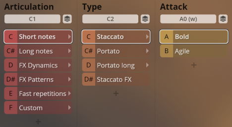 User interface displaying musical articulation, type, and attack options for Synchron World Winds instruments, with Short notes, Staccato, and Bold highlighted.