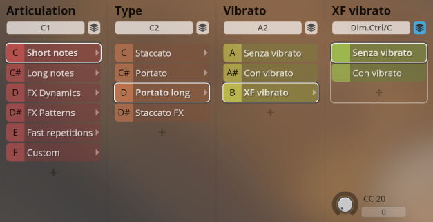 User interface of the Synchron World Winds plugin showing articulation, type, and vibrato sound options for virtual instruments.