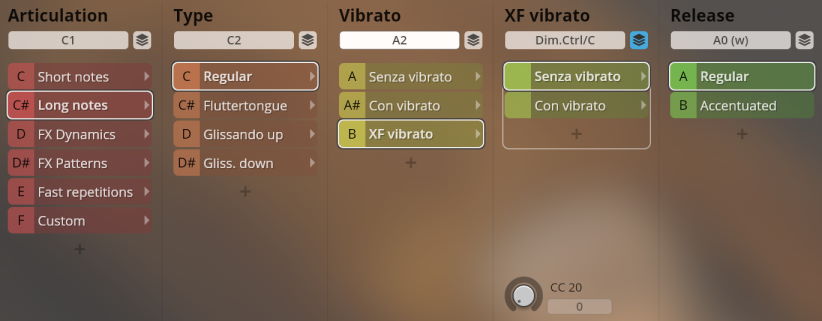 User interface displaying sound articulation, type, vibrato, XF vibrato, and release settings for Synchron World Winds virtual instruments, with Lung Notes enabled.