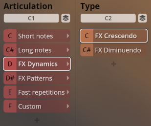 User interface showing articulation and type selection for musical instrument sounds, with FX Dynamics and FX Crescendo highlighted, relevant to Synchron World Winds.