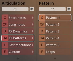Digital interface for Synchron World Winds, displaying Articulation and Pattern selection menus with options like Short notes, Long notes, FX Patterns, and Loops for musical instrument samples.