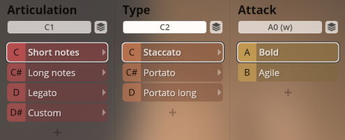 Synchron World Winds instrument articulation, type, and attack selection interface with options for Short Notes, Staccato, and Bold characteristics displayed.