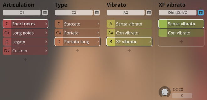 Synchron World Winds software interface showing sound articulations like short notes, staccato, portato, legato, and vibrato types for virtual instruments.