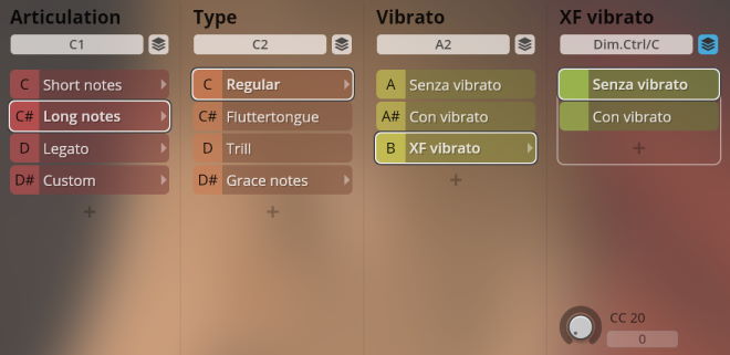 User interface showing articulation, type, vibrato, and XF vibrato options for Synchron World Winds instruments, with Long notes, Regular, XF vibrato, and Senza vibrato highlighted.