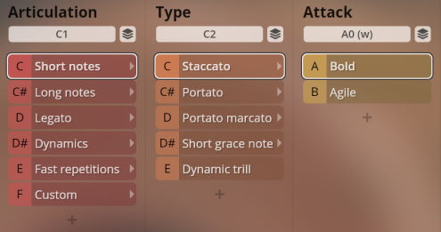 User interface showing Articulation, Type, and Attack parameters for Synchron World Winds virtual instruments, with options like Short notes, Staccato, and Bold.