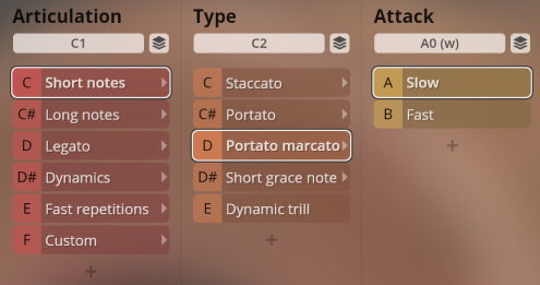 Synchron World Winds user interface showing articulation, type, and attack settings for musical instruments, with options like Short notes, Portato marcato, and Slow attack selected.