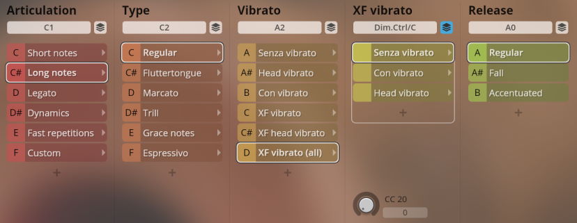 User interface showing instrument articulations, types, vibrato settings, and release options for Synchron World Winds.