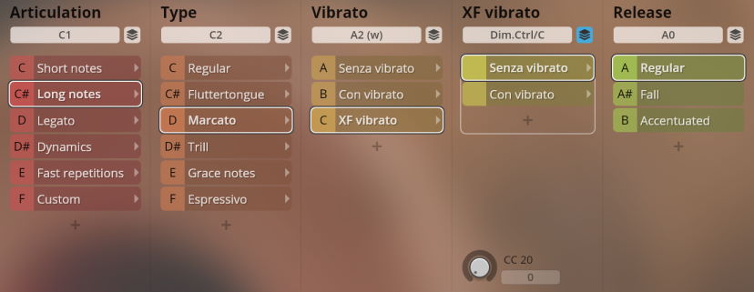 Synchron World Winds software interface displaying articulation, type, vibrato, XF vibrato, and release settings for instruments like long notes and marcato, with options like senza vibrato and regular release selected.