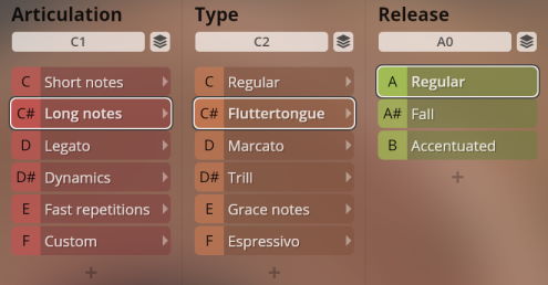 Synchron World Winds user interface showing articulation, type, and release options including long notes, fluttertongue, and regular release.