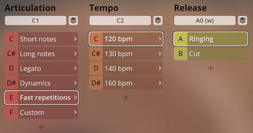Screenshot of Synchron World Winds software interface showing Articulation, Tempo, and Release controls for musical parameters like fast repetitions, 120 bpm, and ringing.