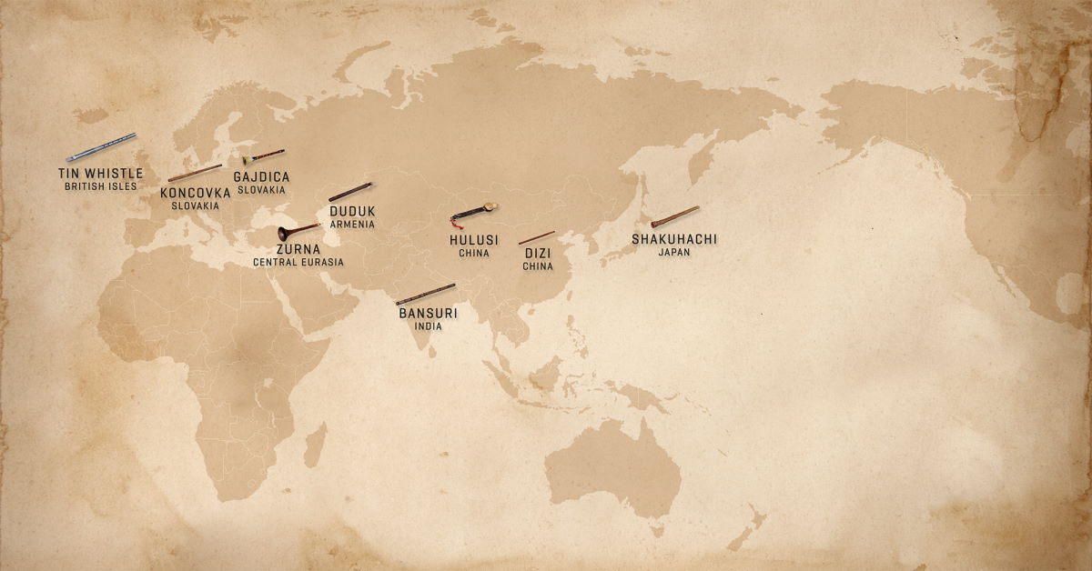 World map displaying the geographical origins of traditional wind instruments, including Tin Whistle (British Isles), Koncovka and Gajdica (Slovakia), Duduk (Armenia), Zurna (Central Eurasia), Hulusi and Dizi (China), Bansuri (India), and Shakuhachi (Japan), as featured in Synchron World Winds.