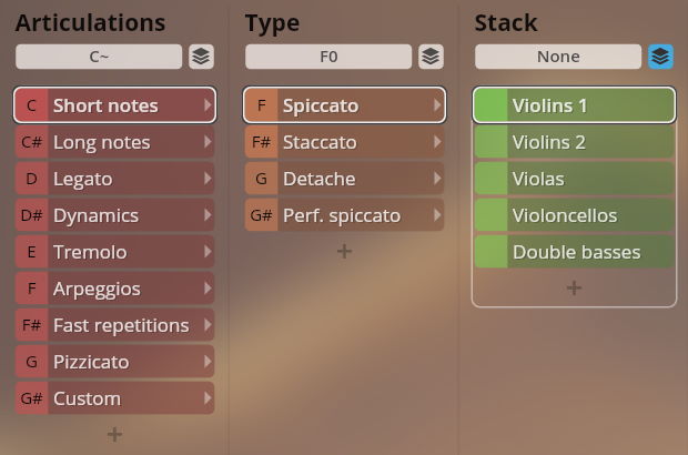 Studio Appassionata Strings Sordino software interface showcasing Articulations, Type, and Stack options for instrument sounds, with Short notes, Spiccato, and Violins 1 selected.