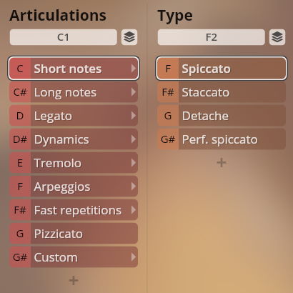 Software interface displaying musical articulations and note types for Studio Appassionata Strings Sordino, featuring selected Short notes and Spiccato options.